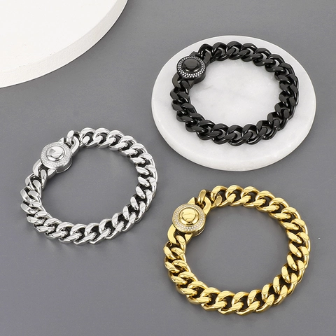 Men Hip Hop Cuban Link Chain Necklace Rhinestone Inlaid Magnetic Clasp Titanium Steel Punk Style Jewelry