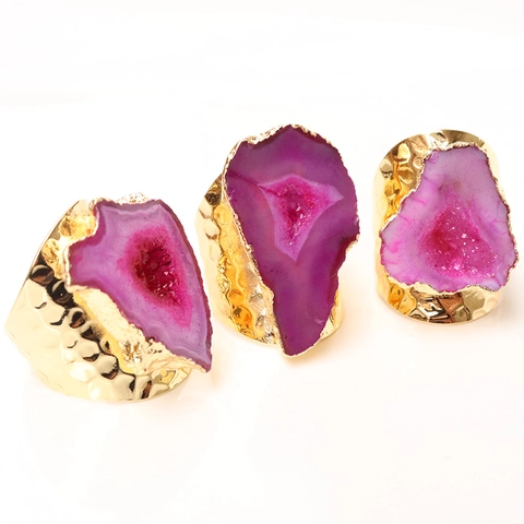 Naturachat Druzy Ring Gold Vergoldet Hammerschlag Metall Verstellbar Offener Band Boho Rohstein Schmuck Für Damen