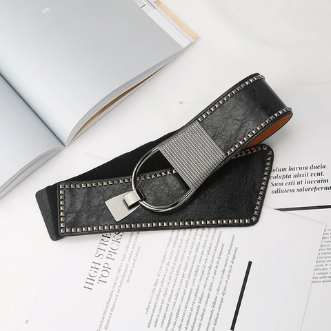 Women Wide Corset Belt Punk Style PU Leather Metallic Rivet Studded Waistband Elastic Stretch Cinch Belt With D-Ring Buckle