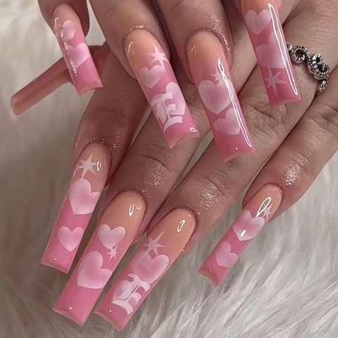 Press On Nails Pink Gradient White Heart Star Pattern Long Coffin Ballerina Shape Artificial Fingernails Gothic Style