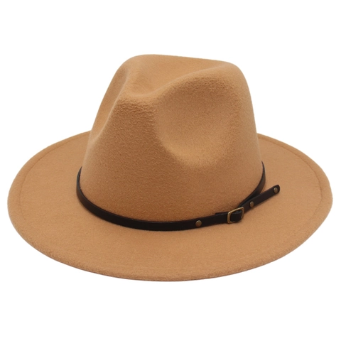 Sombrero Fedora De Lana Estilo Británico Vintage Ala Ancha Jazz Cap Con Hebilla De Cinturón De Cuero Remaches Metálicos