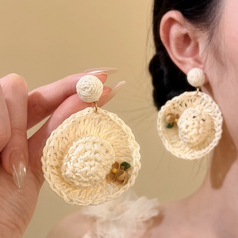 Handmade Woven Straw Hat Stud Earrings With Silver Earring Post Summer Beach Raffia Vacation Style Jewelry For Women