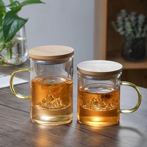 Taza De Té De Vidrio Borosilicatado Resistente Al Calor Con Infusor Tapa De Madera Y Diseño De Montaña