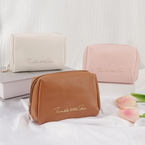 PU Leather Mini Makeup Bag Portable Cosmetic Pouch Waterproof Travel Storage Case Letter Print For Women
