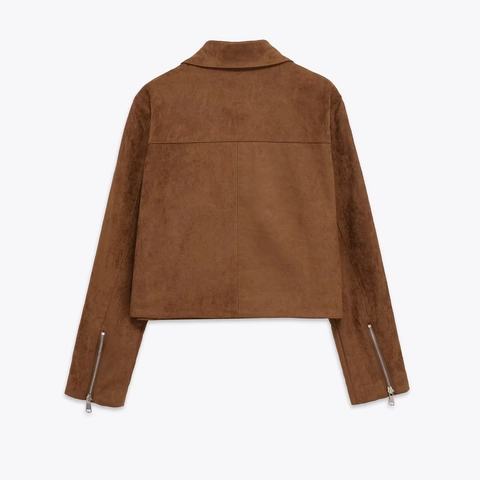 Women Faux Suede Jacket Cropped Zip Up Outerwear Lapel Long Sleeve Solid Color Casual Streetwear Chic Coat Dark Brown