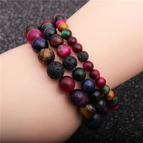 Tiger Eye Stone Lava Rock Beaded Bracelet Colorful Round Natural Gemstone Elastic Hand Jewelry For Men Women