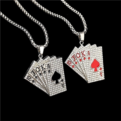 Collana Con Ciondolo Poker Royal Flush Iced Out Lega Strass Gioielli Hip Hop Retro Per Uomini Donne
