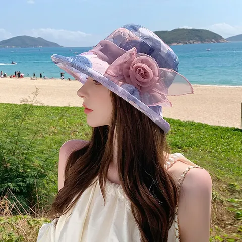 Chapeau Bob de Protection Solaire Été Femmes Polyester Imprimé Floral Grande Fleur en Maille Pliable Plage Mode 8440