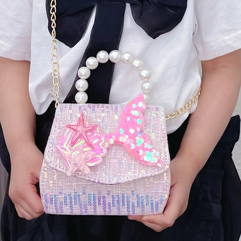 Mermaid Princess Kids Crossbody Bag Tweed Sequin Artificial Pearl Handle Metal Chain Glittery Shoulder Handbag For Little Girls