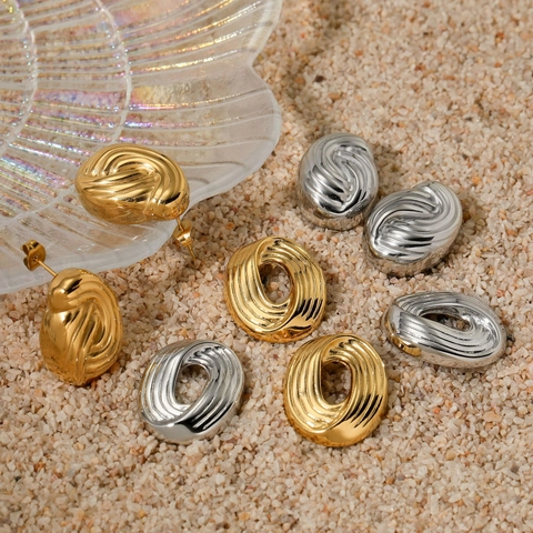 Stainless Steel Oval Threaded Earrings For Women Hollow Geometric Spiral Texture Minimalist Elegant Jewelry