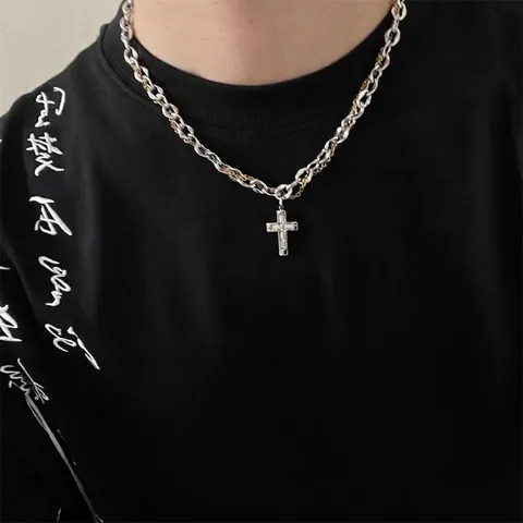 Collana Con Ciondolo A Croce Acciaio Al Titanio Colore Argento Oro Misto Zircone Hip Hop Streetwear Stile Gioielli Uomo
