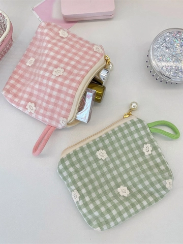 Monedero Con Bordado Floral Para Mujer Bolso Pequeño De Lona A Cuadros Con Cremallera De Perla Artificial