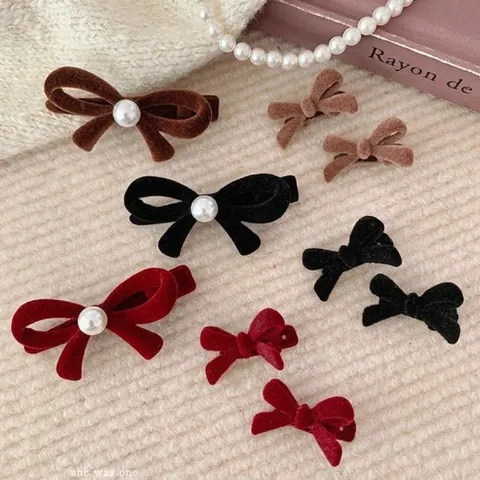 Velvet Bow Hair Clips With Faux Artificial Pearl Retro French Style Red Black Flocking Bowknot Duckbill Clips For Women Girls