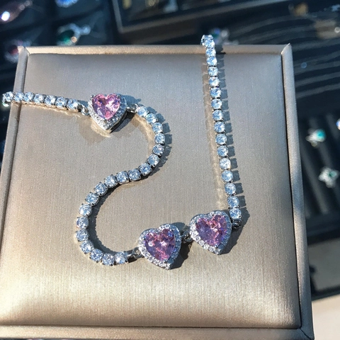 Pink Heart Necklace Copper Tennis Chain Cubic Zirconia Choker Sweet Romantic Jewelry For Women Girls Elegant Accessory