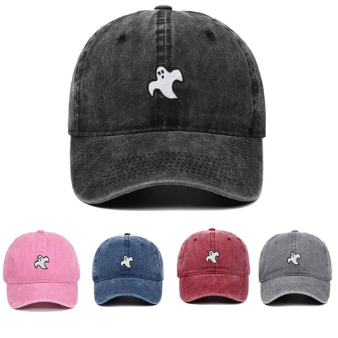 Ghost Embroidery Baseball Cap Washed Cotton Vintage Adjustable Halloween Dad Hat Streetwear For Men Women