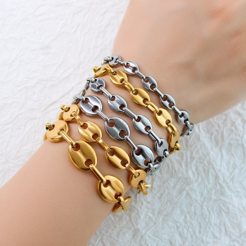 Stainless Steel Coffee Bean Chain Necklace And Bracelet Hip Hop Pig Nose Link Electroplated Jewelry For Men Women