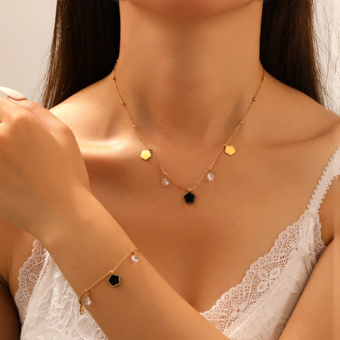 Joyas De Acero Inoxidable Mujer Flor Trébol Collar Y Pulsera Concha Circón Cristal Encantador Elegante Accesorio Moda