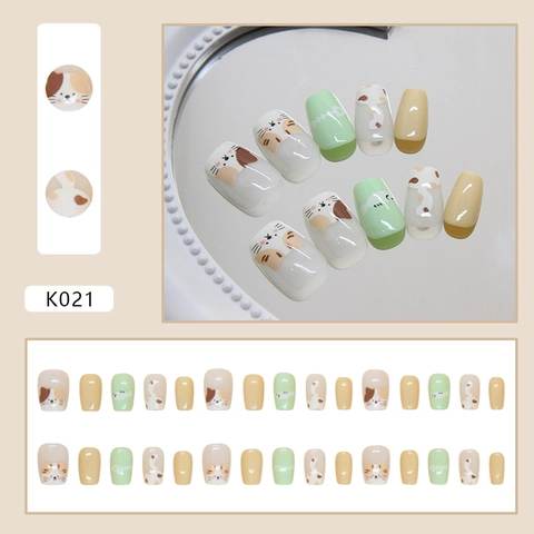Press On Nails ABS Plastic Detachable Cute Cat Fish Pattern Short Round Square For Kids Girls Daily Wear Sweet Style Glossy