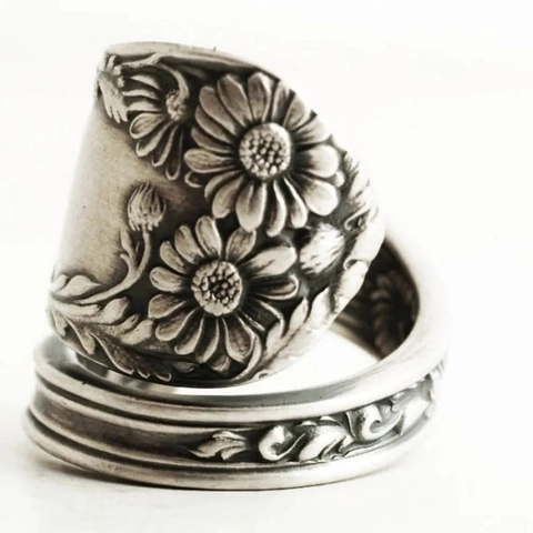 Anello Cucchiaio Margherita Vintage Colore Argento Antico Lega Goffrata Retrò Aperto Regolabile Gioielli Da Donna