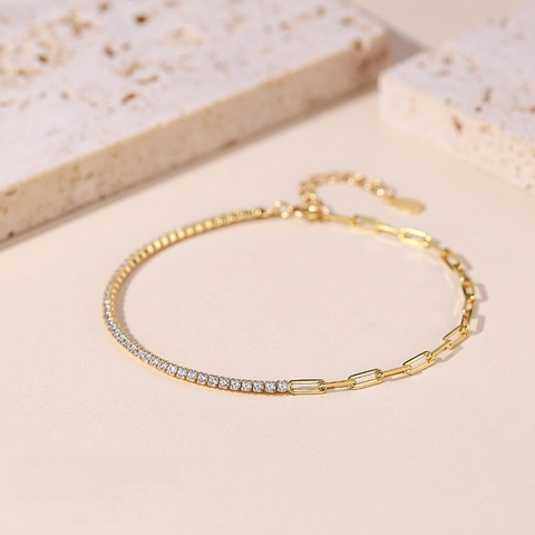 Pulsera Asimétrica Plata De Ley 925 Chapada En Oro Cadena Paperclip Y Tennis Circón Para Mujeres