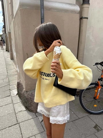 Womens Retro Oversized Knit Sweater Pullover Round Neck Long Sleeve Letter Print Cotton Blend Casual Top