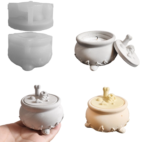 Halloween Cauldron Storage Jar Silicone Mold With Skull Lid Witch Pot DIY Resin Gypsum Casting Craft Tool Festive Decor