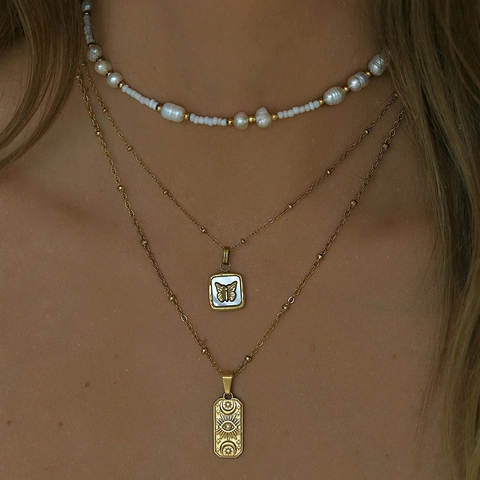 Collana Con Pendente Malocchio Acciaio Inossidabile Placcato Oro 18K Piastra Rettangolare Sole Luna Stelle Gioielli Bohémien