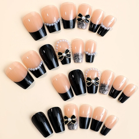 Französische Schwarze Schleife Künstliche Nägel Mit Perlen Strass Glitzer Elegante Quadratische Fake Nails Für Damen Party