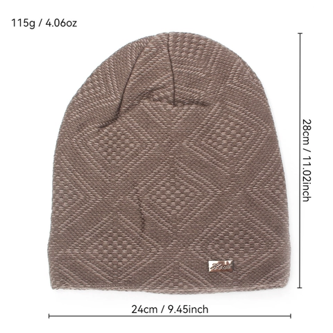 Men Winter Knitted Beanie Hat Warm Fleece Lined Windproof Outdoor Skull Cap With Metal Tag Diamond Texture Leisure