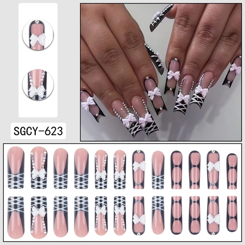 Long Coffin Plastic Press On Nails French Black Tip 3D White Bow Lattice Pattern Rhinestone Gothic Sweet Cool