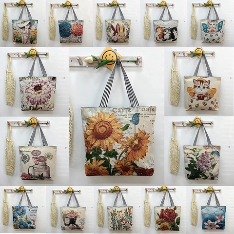 Vintage Floral Print Canvas Tote Bag Large Capacity Shopping Shoulder Handbag Striped Handles Zipper Closure For Women