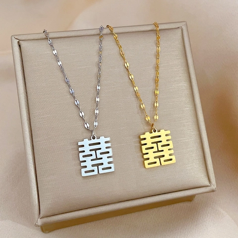 Collana Doppia Felicità Acciaio Al Titanio Ciondolo Carattere Xi Catena Minimalista Per Clavicola Placcato Oro Per Donne