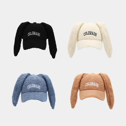 Gorra De Béisbol De Lana De Cordero Bordado Colorado Con Orejas De Conejo Largas Gorro De Invierno Cálido Para Mujeres