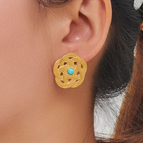 Vintage Stainless Steel Round Stud Earrings With Artificial Pearl And Turquoise Inlaid Woven Design For Women Fashion Jewelry