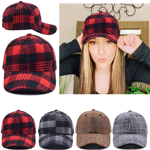 Plaid Baseball Cap Buffalo Check Muster Winter Warm Wollige Textur Verstellbare Outdoor Sport Hut Für Damen Herren