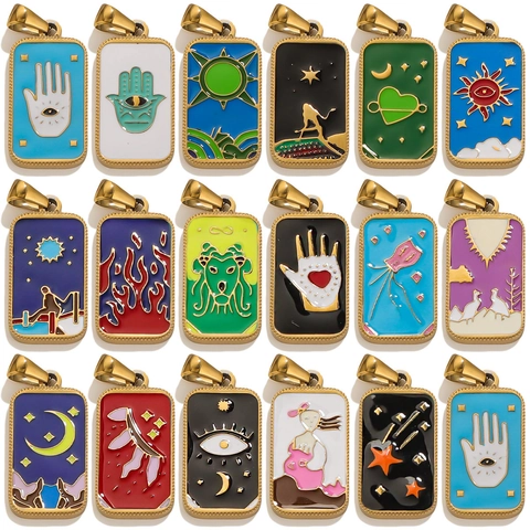 Tarotkarten Rechteckiger Anhänger Edelstahl Emaille Mystisch Himmlisch Hamsa Hand Mond Stern Charm Für DIY Schmuckherstellung