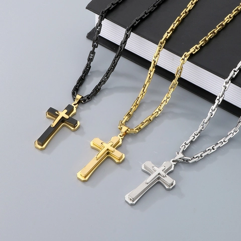Double Layer Cross Pendant Necklace Stainless Steel Retro Gothic Punk Hip Hop Jewelry For Men