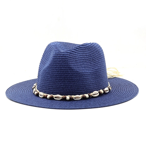 Women Straw Fedora Hat Bohemian Beach Sun Hat With Shells And Wooden Beads Wide Brim Breathable Vacation Panama Style