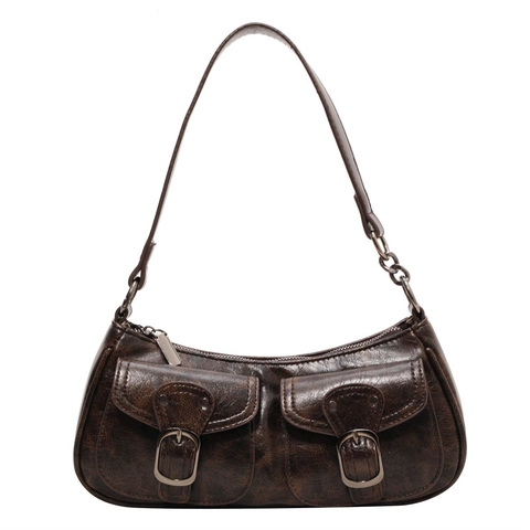 Vintage PU Leather Underarm Bag For Women Retro Crescent Hobo Shoulder Bag With Buckle Pockets Urban Stitching Fashion Bag