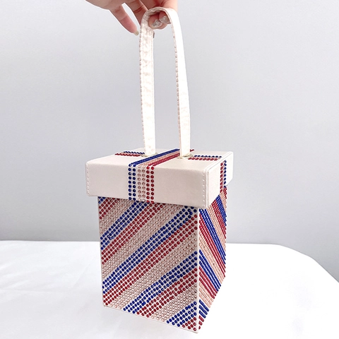 Bolso De Mano Para Mujer Con Diamantes De Imitación Caja Cúbica De Noche Brillante Rayas Diagonales PU