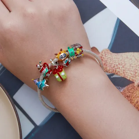 925 Sterling Silver Christmas Charms Beads For DIY Bracelet Snowman Santa Claus Enamel Zirconia Pendant Festive Holiday Jewelry Gift