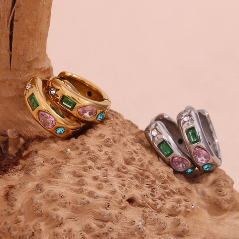 Pendientes De Aro De Acero Inoxidable Con Circonita Cúbica Multicolor Chapado En Oro De 18K Estilo Retro Para Mujeres