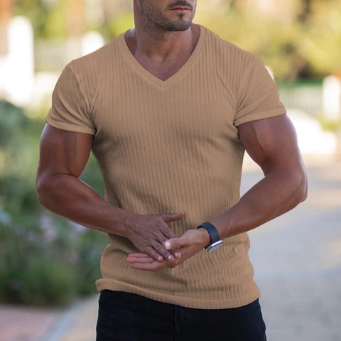Men Slim Fit V-Neck Ribbed T-Shirt Summer Short Sleeve Sports Gym Tee Solid Color Breathable Muscle Fit Athletic Top
