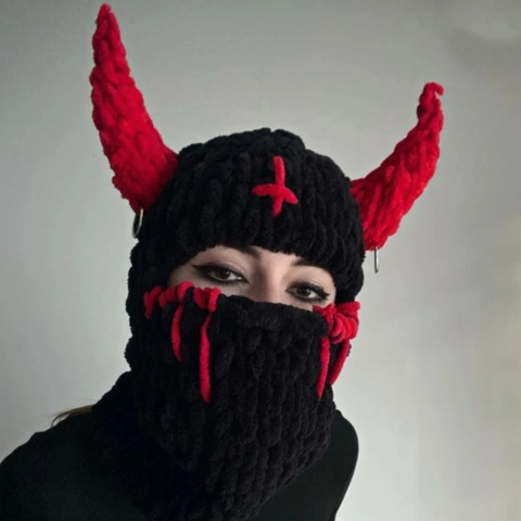 Cagoule Tricotée Chapeau Corne De Diable Masque Fait Main Y2K Gothique Punk Halloween Costume De Fête Couvre-Chef D'Hiver Chaud