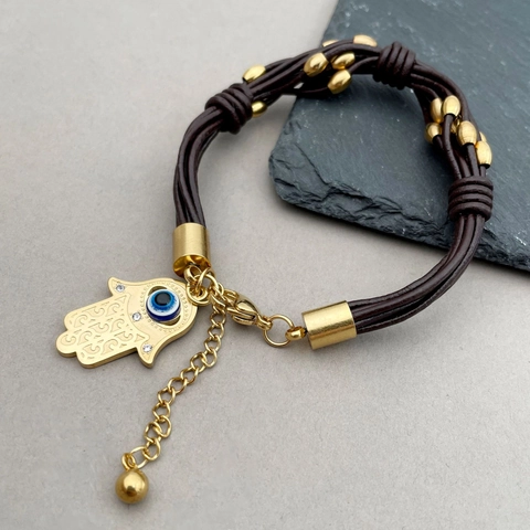 Hamsa Hand Evil Eye Strass Anhänger Geflochtenes Lederarmband Edelstahl Bohemian Vintage Schmuck Für Damen