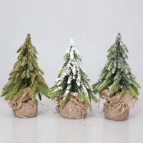 Mini Albero di Natale Decorazione da Tavolo Con Base in Iuta Neve Floccata Bianco Oro Argento Glitter Ornamento Festival