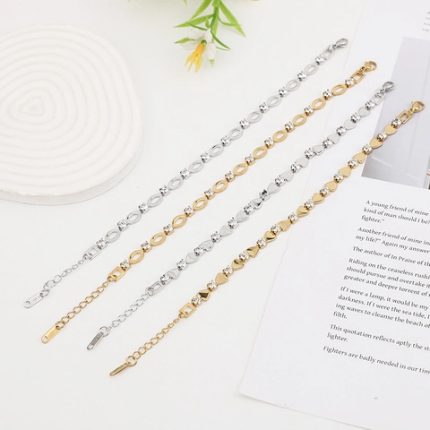 Fashion Stainless Steel Rhinestone Link Bracelet For Women Gold Silver Plated Heart Oval Geometric Inlaid Adjustable Hand Chain Jewelry
