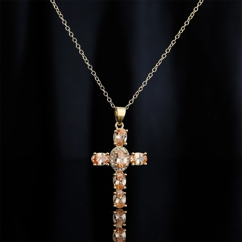 Collana Con Ciondolo A Croce Rame Placcato Oro 18K Zircone Colorato Taglio Ovale Gioielli Religiosi Per Donna