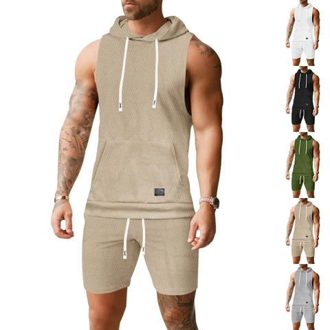 Hoodie Top En Shorts Zomer Heren Getextureerde Jacquard Gebreide Sportkleding Mouwloos Vest Met Capuchon