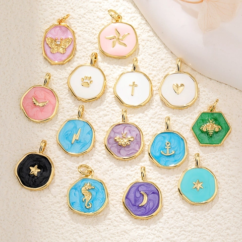 Gold Plated Brass Enamel Charms Heart Cross Star Moon Shape Pendants For DIY Jewelry Making Accessories